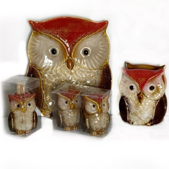 Owl Kitchen Dinning Functional Decor Artisan Glazed Hand Painted Ceramic 4 Piece - Picture 4 of 16